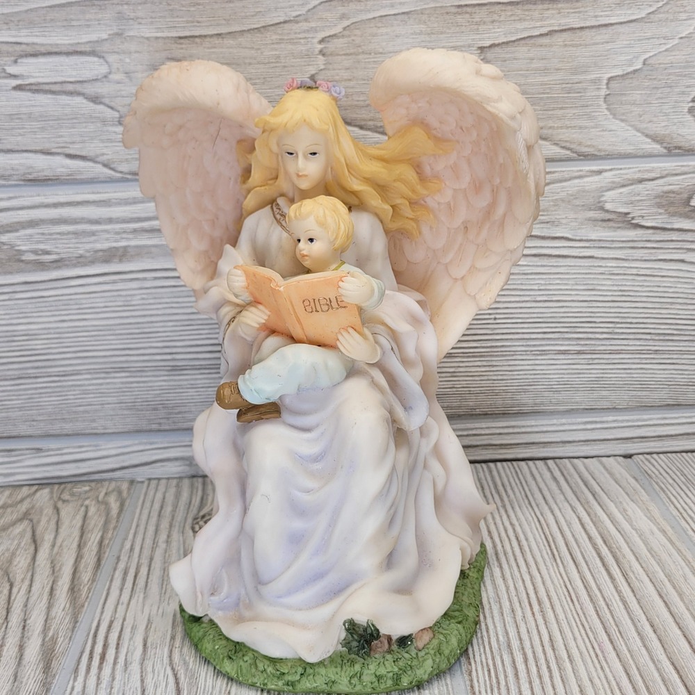 Youngs Angel Reading Bible To Child Sitting on Lap Religious Statue Figurine Vtg